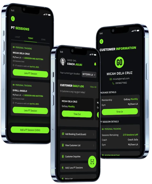 Mobile phones showing the GoGym app for employees.