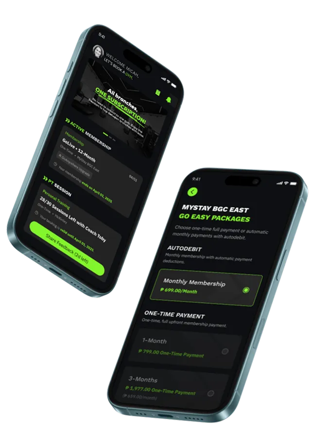 Mobile phones showing the GoGym app for customers.