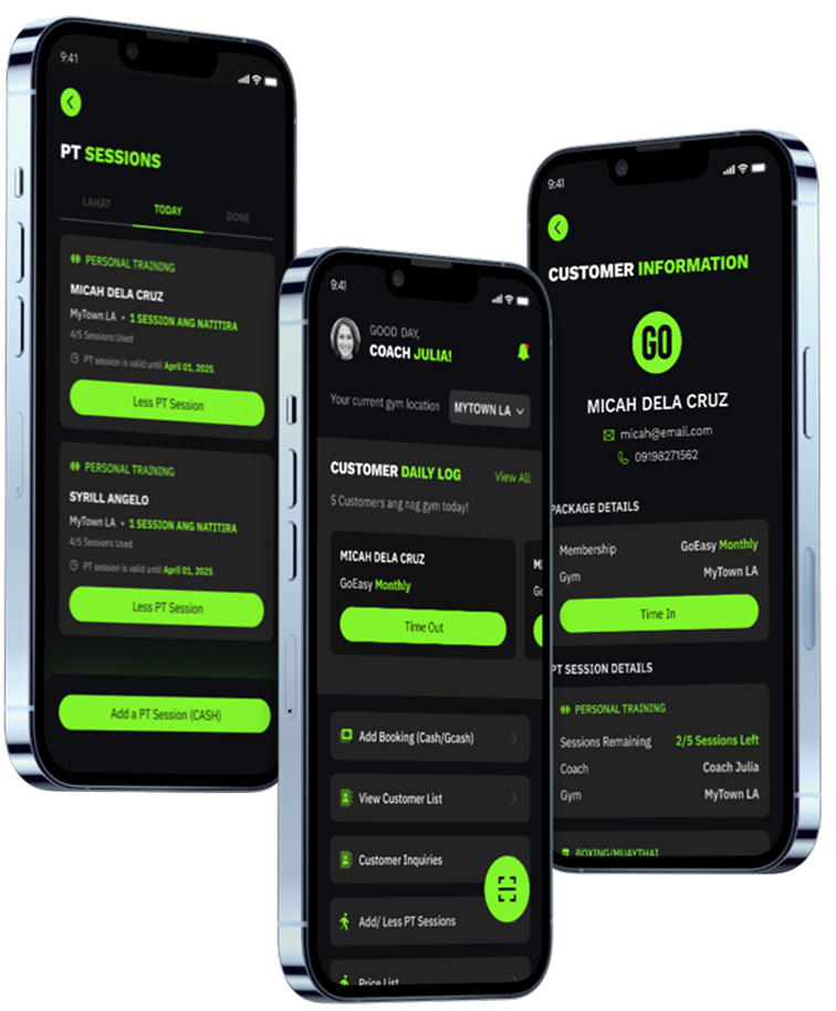 Mobile phones showing the GoGym app from the viewpoint of GoGym employees.