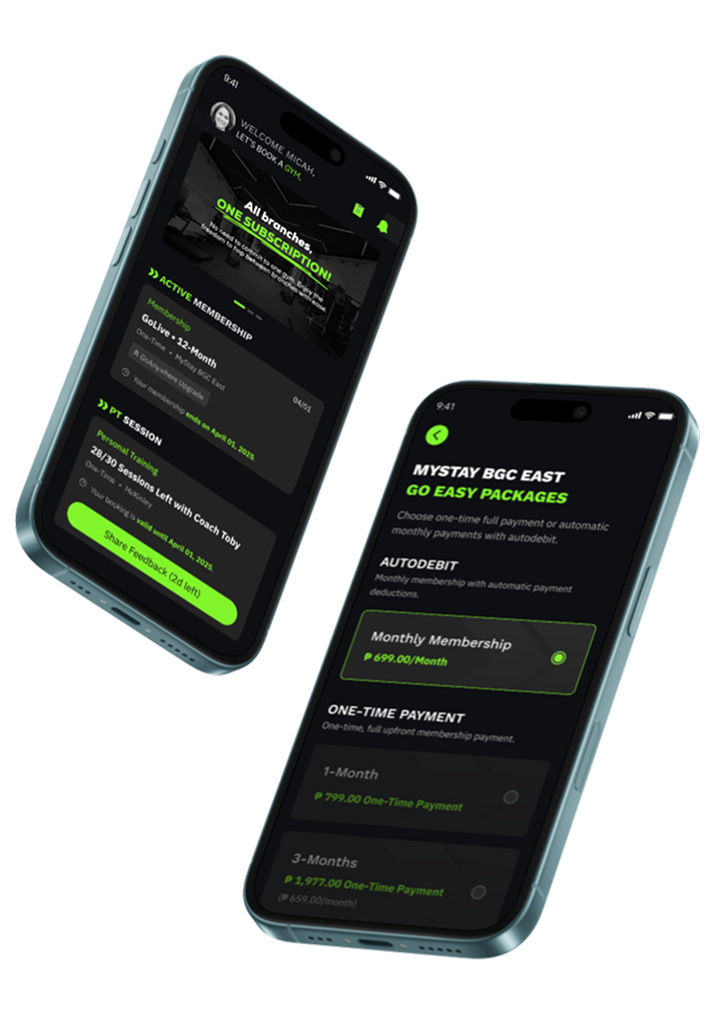 Mobile phones showing the GoGym app from the viewpoint of customers.
